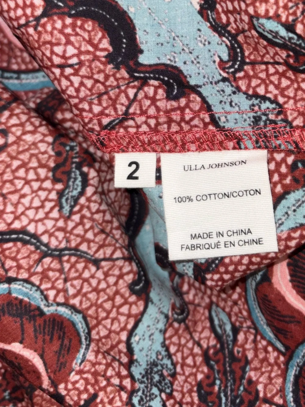 Ulla Johnson Inez Top Carmine Red Blue Printed Cotton Blouse Size 2 - Picture 7 of 7